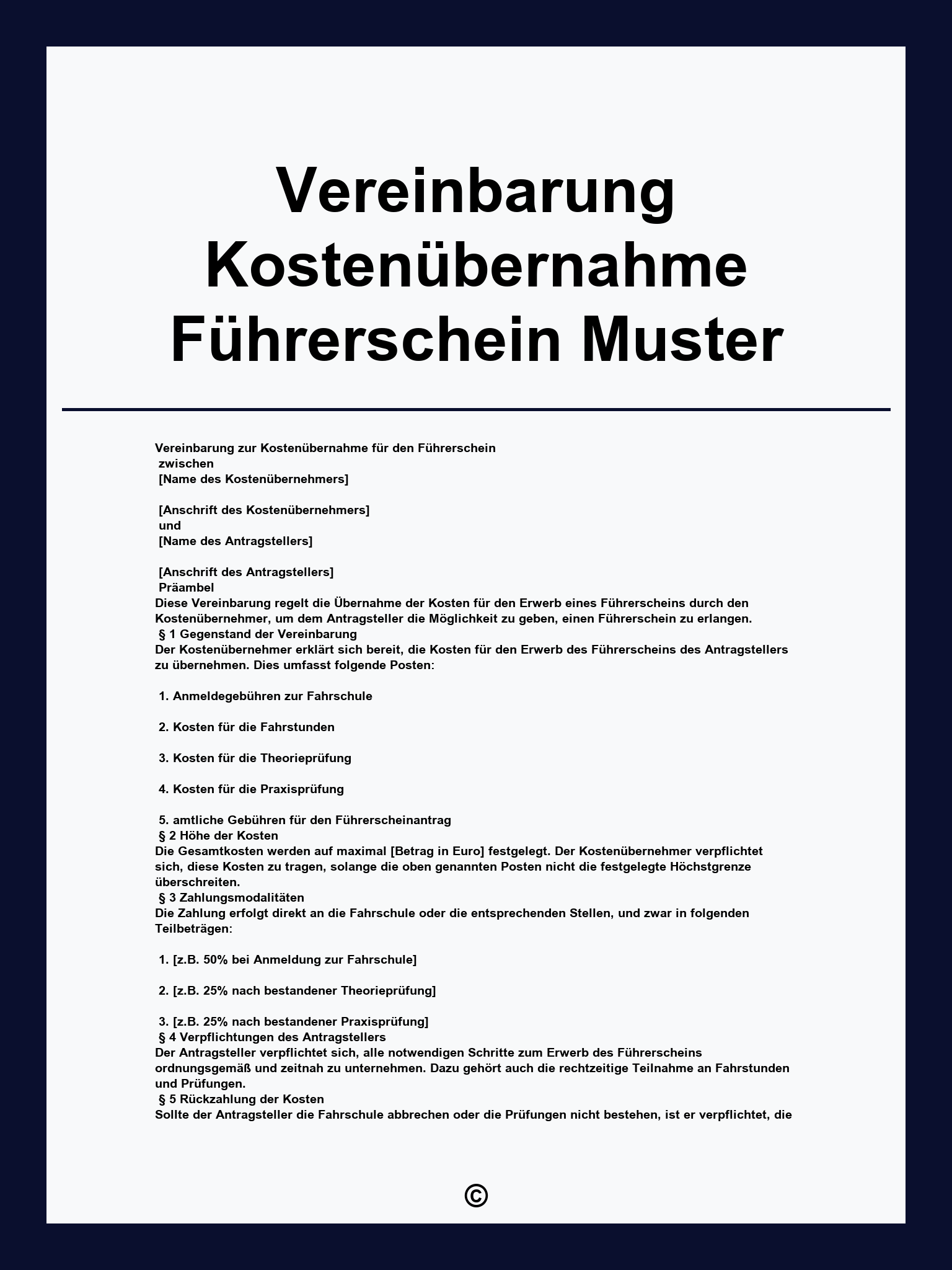 Vereinbarung Kostenübernahme Führerschein Muster